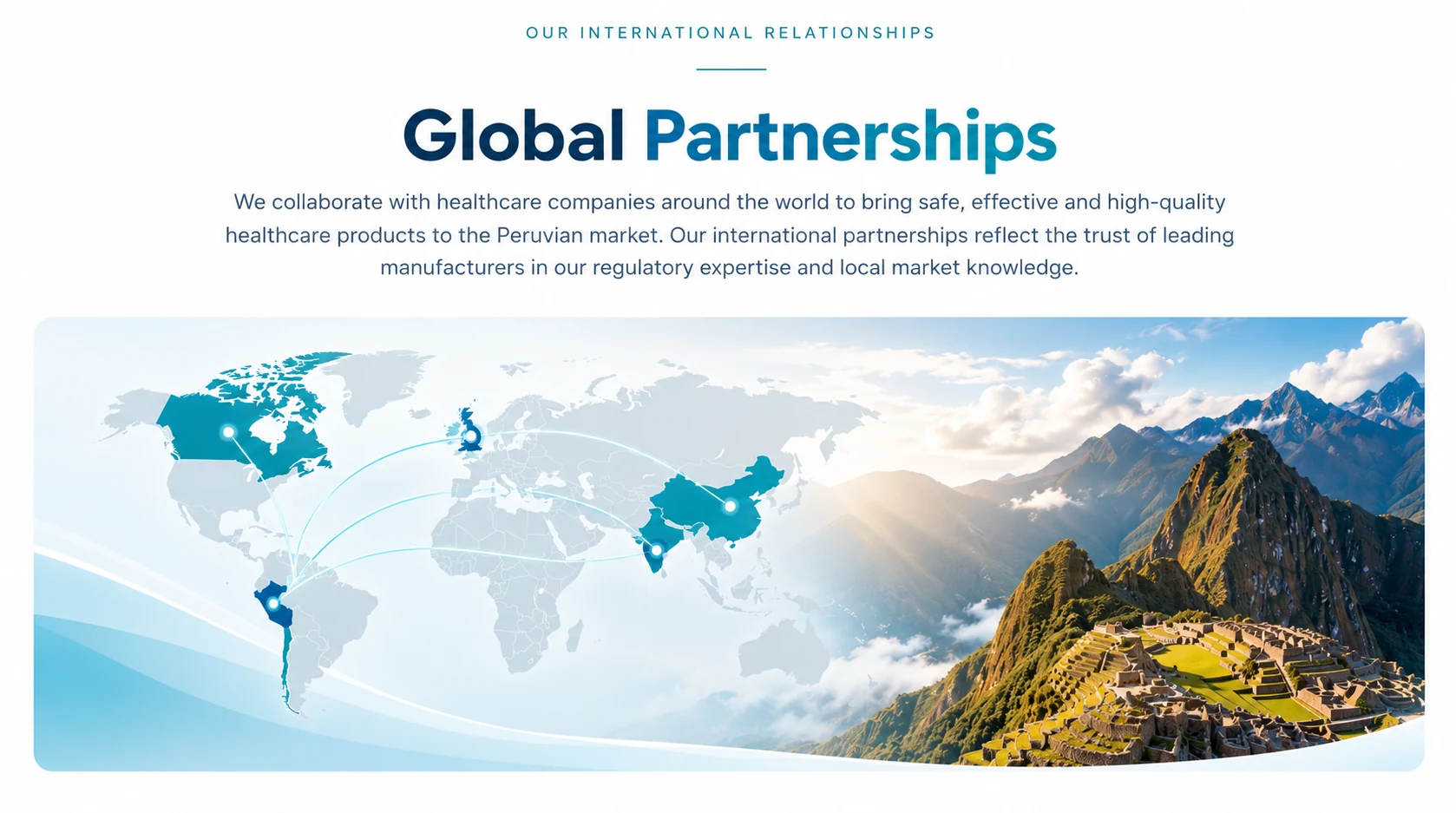 International healthcare partnerships illustrated by a world map with connections to Peru